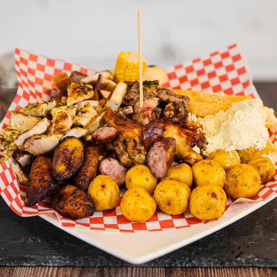 A large platter of grilled chicken, sausage, plantains, corn, and potatoes on a red and white checkered liner.